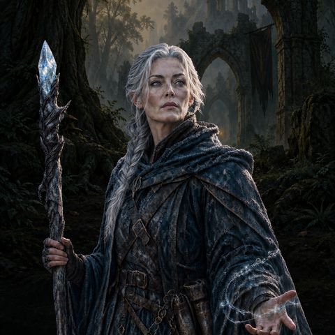 The Mage: long grey hair, a dark cloak, a staff with an ice crystal in her hand.