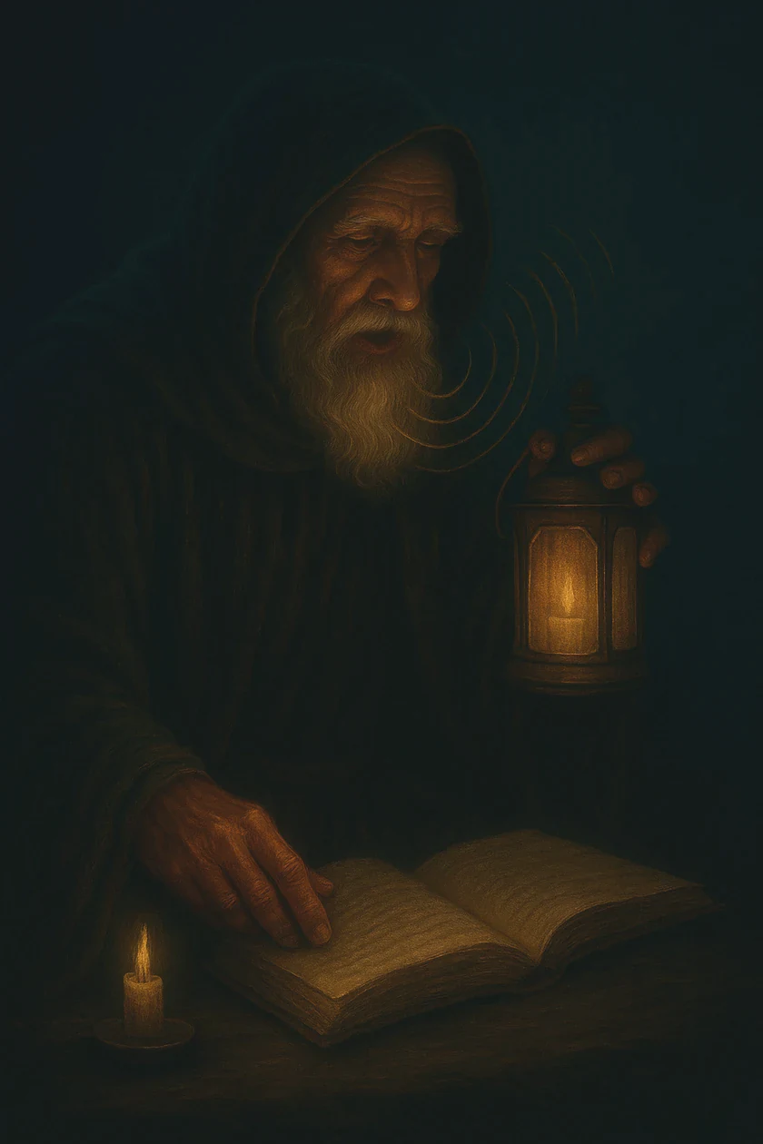 Helmut the narrator: an old man with a white beard and a hood, holding a lantern and reading from an old book.