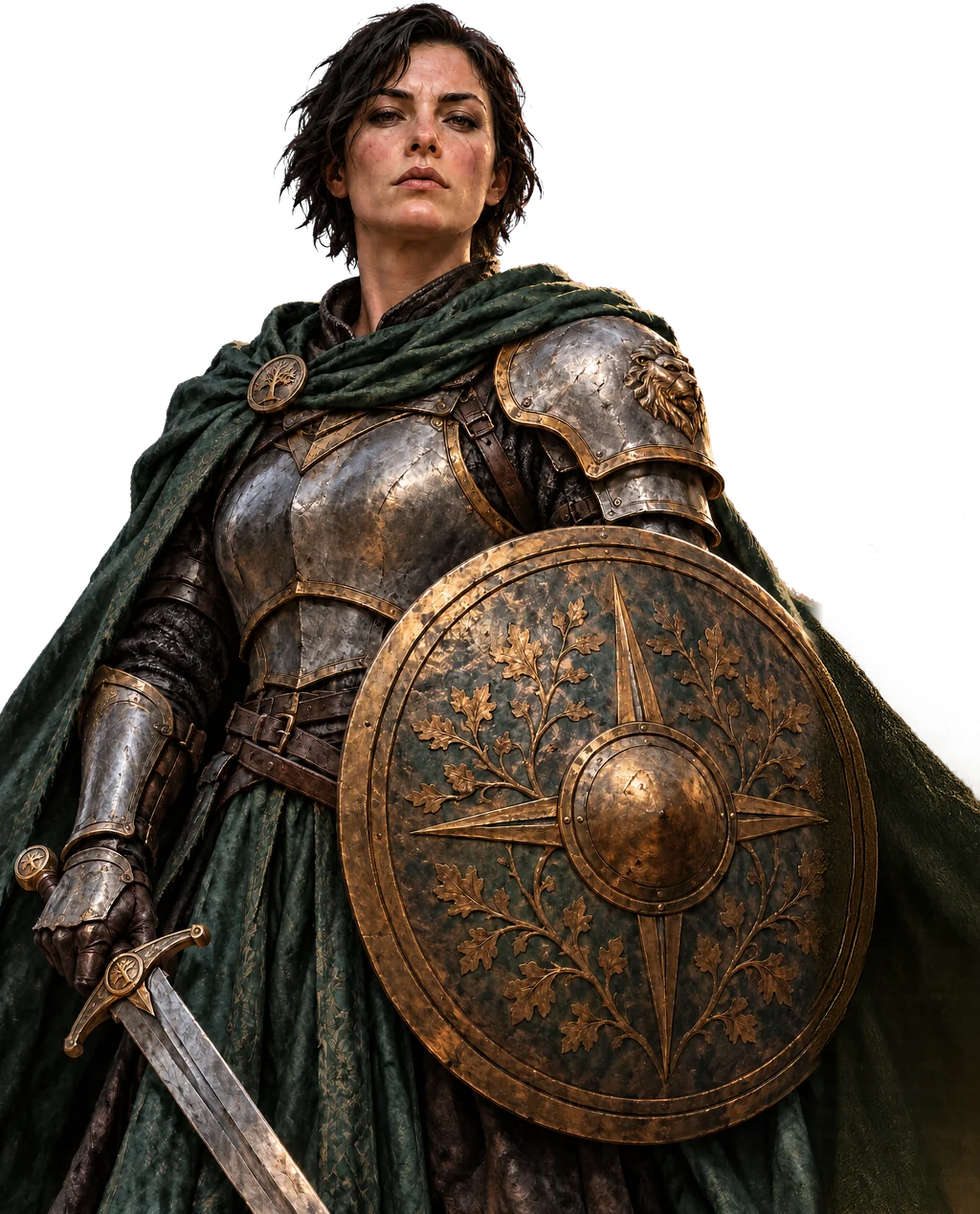 The Knight from the game, seen from below: short dark hair, steel armor with gold trim, a green cloak, a sword in her hand and the round bronze shield with a leaf pattern.