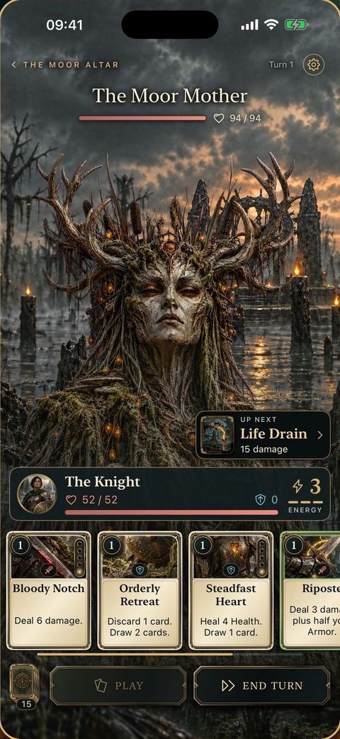 A battle against the Moor Mother on iPhone. At the top, the enemy announces her next move. Below, the Knight with 52 of 52 Health, 3 Energy and her hand of cards.