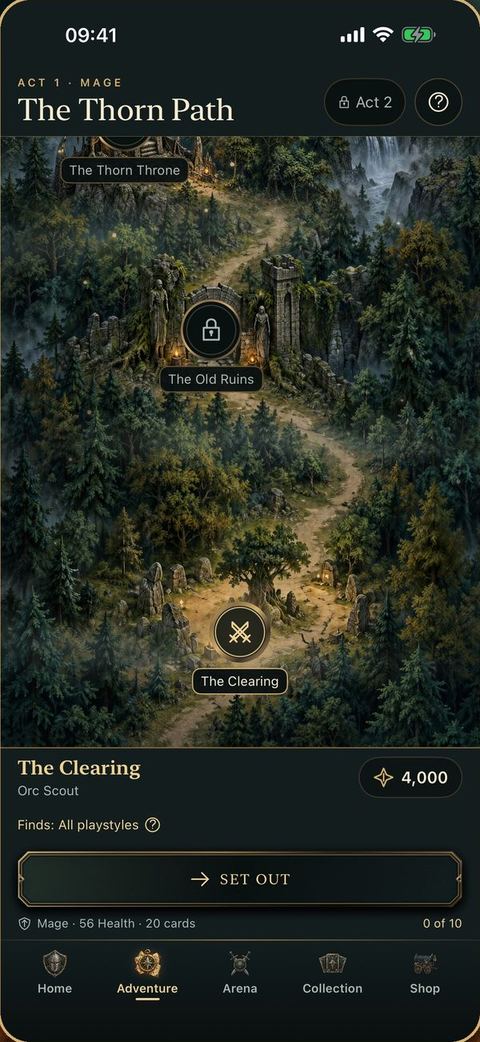 Painted map of Act I, The Thorn Path, with waypoints. A clearing is selected, with a button to set out.