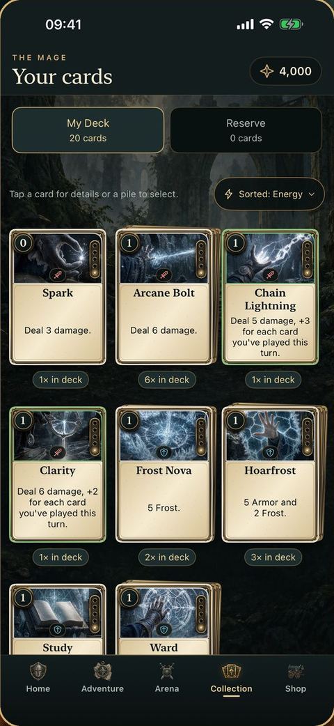 The Mage's card collection with deck and reserve, showing cards such as frost and arcane spells.