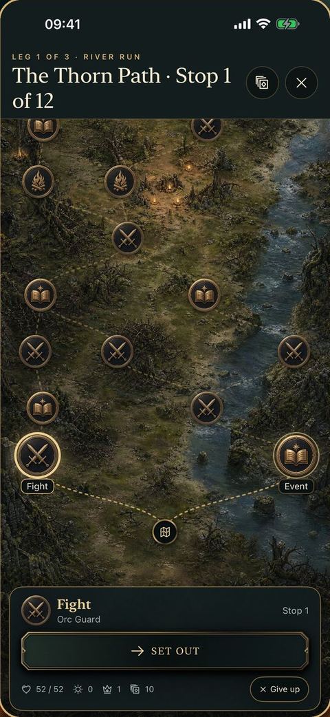 The Expedition map with branching paths to a fight, an event and more stops.